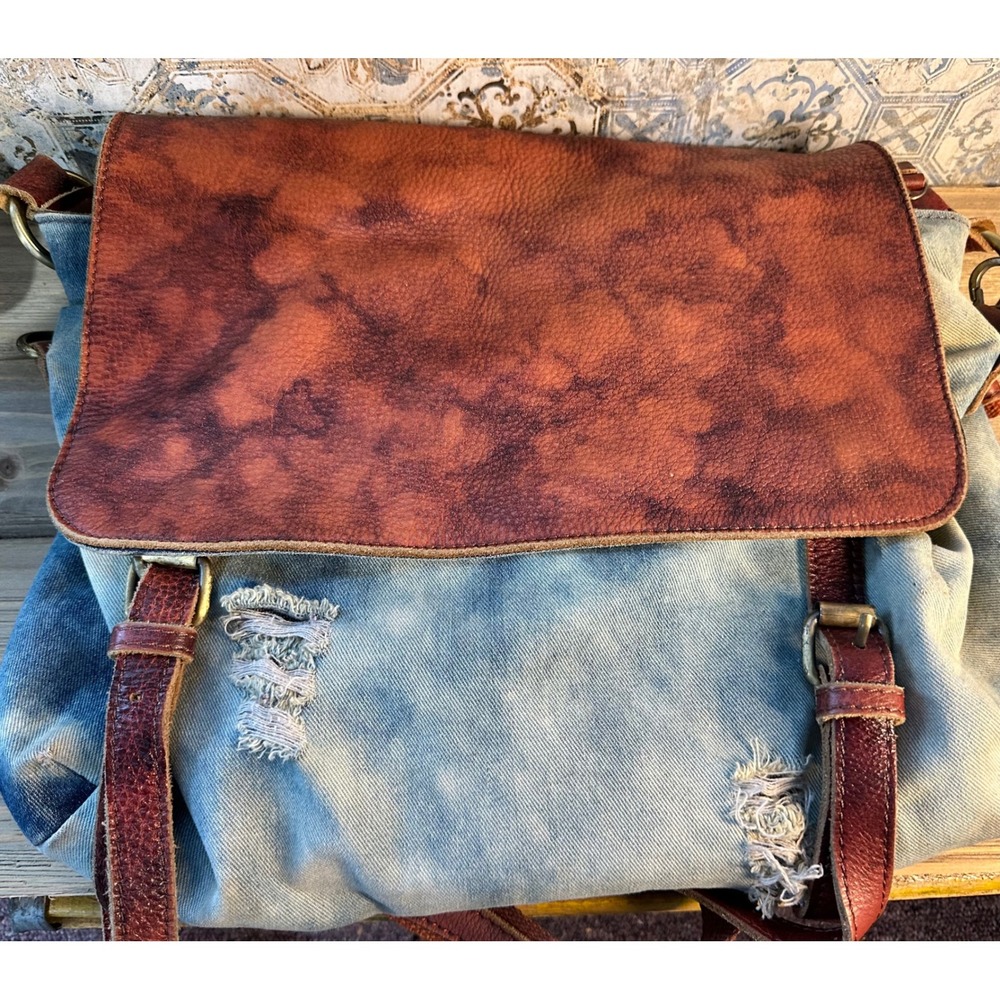 Amerileather Messenger Bag Distressed Denim Leather Purse Large Blue Brown BOHO